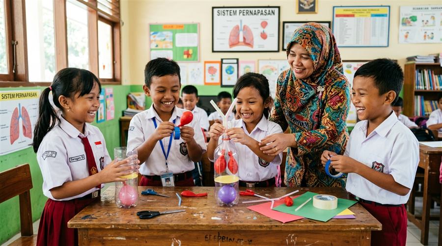 Siswa sekolah dasar gembira bekerja dalam kelompok merakit model pernapasan manusia dari botol bekas