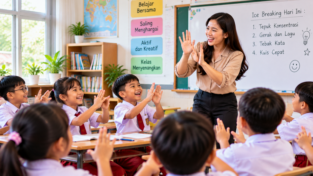 Siswa sekolah dasar mengikuti permainan ice breaking bersama guru untuk melatih konsentrasi, kerja sama, dan semangat belajar di kelas.