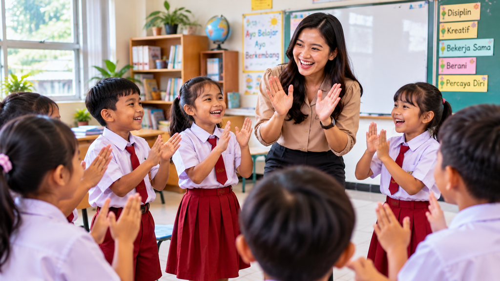 Guru memandu permainan tepuk konsentrasi bersama siswa sekolah dasar dalam kegiatan ice breaking edukatif yang menyenangkan.