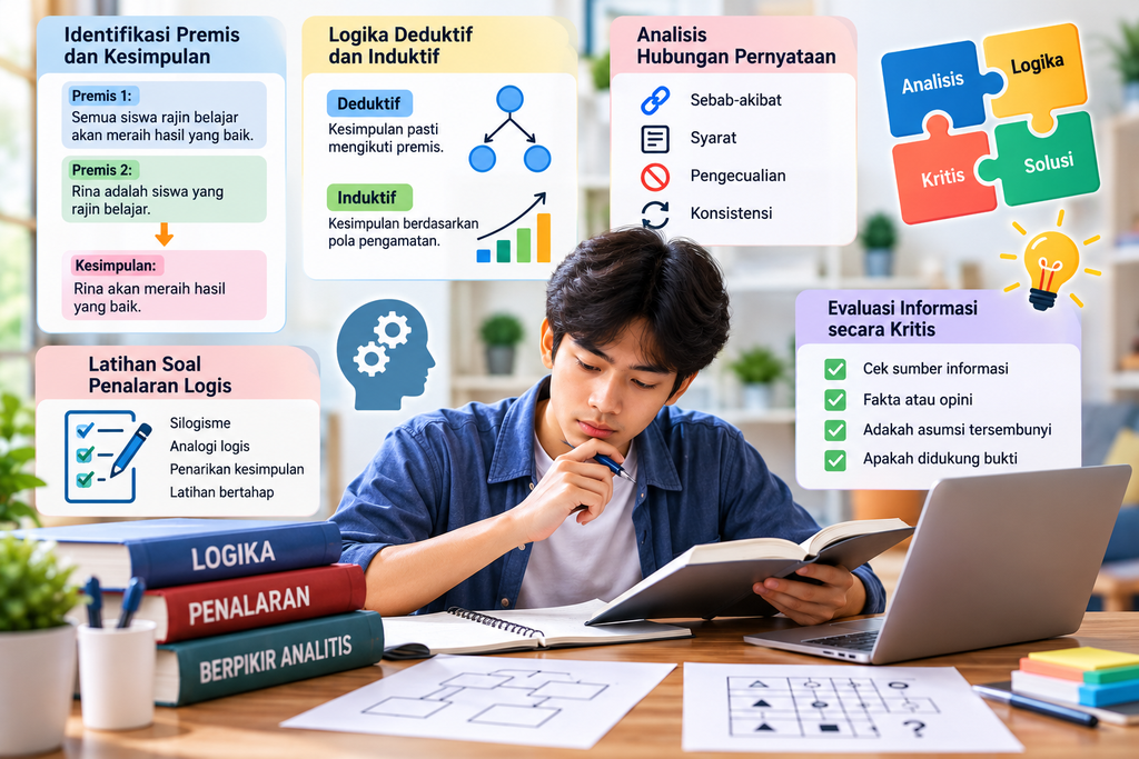 Ilustrasi siswa melatih kemampuan penalaran logis dan berpikir analitis melalui identifikasi premis, logika deduktif dan induktif, serta latihan soal.